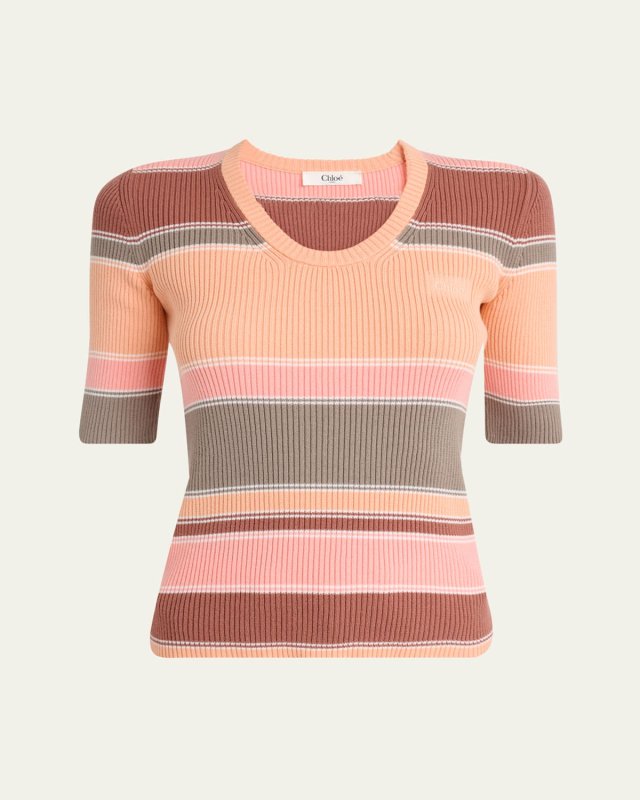 Striped Crewneck Rib Knit Cotton Top